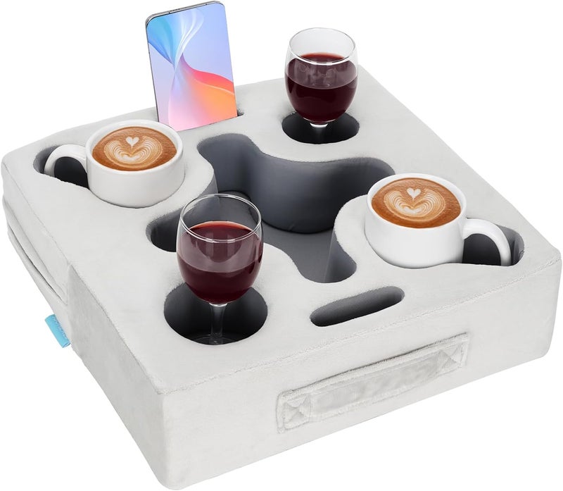 IGOHEALS Couch Cup Holder-Sofa Cup Holder Pillow Tray Caddy Cupholder Hearted for Bed, Rv, Tv, Car, Man Cave, Backseat for Remote, Drinks, Snacks (Square-Silver Grey) - Image 1